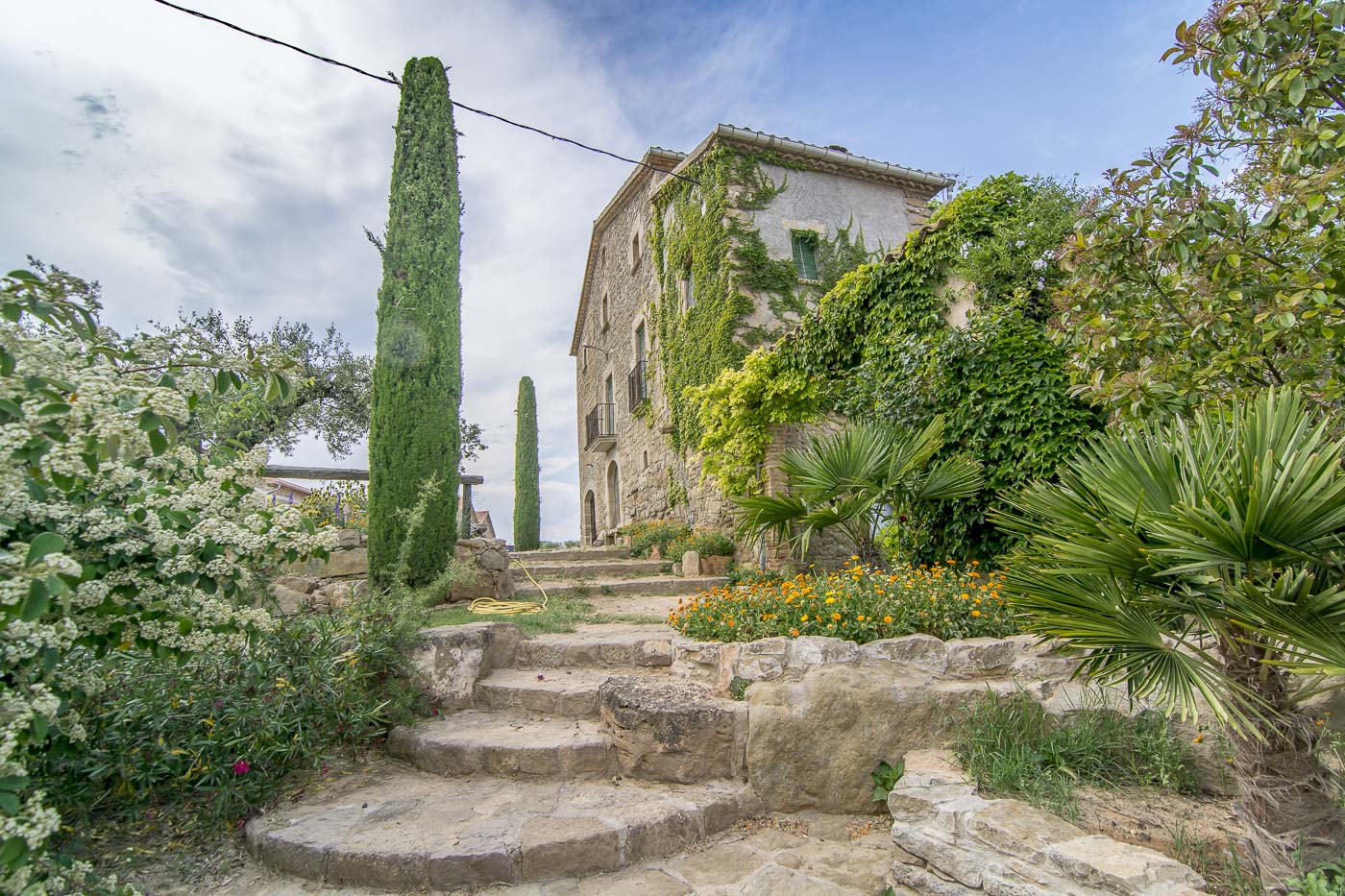 Escaleras a un precioso jardín con un estanque